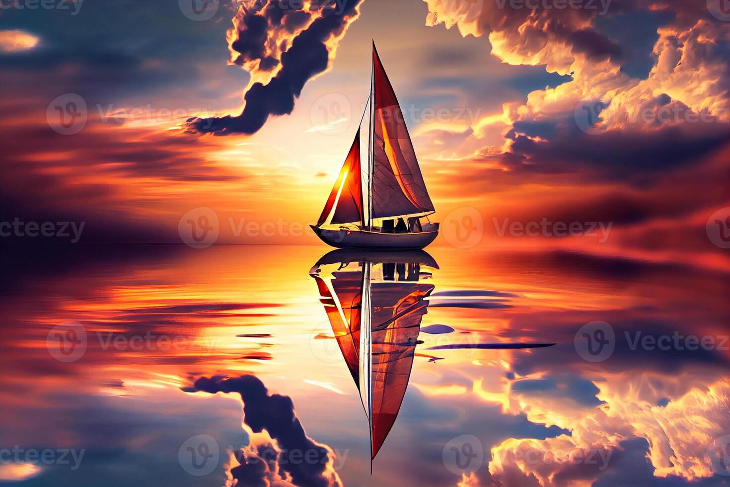 en segling båt på de vatten under solnedgång. generativ ai foto
