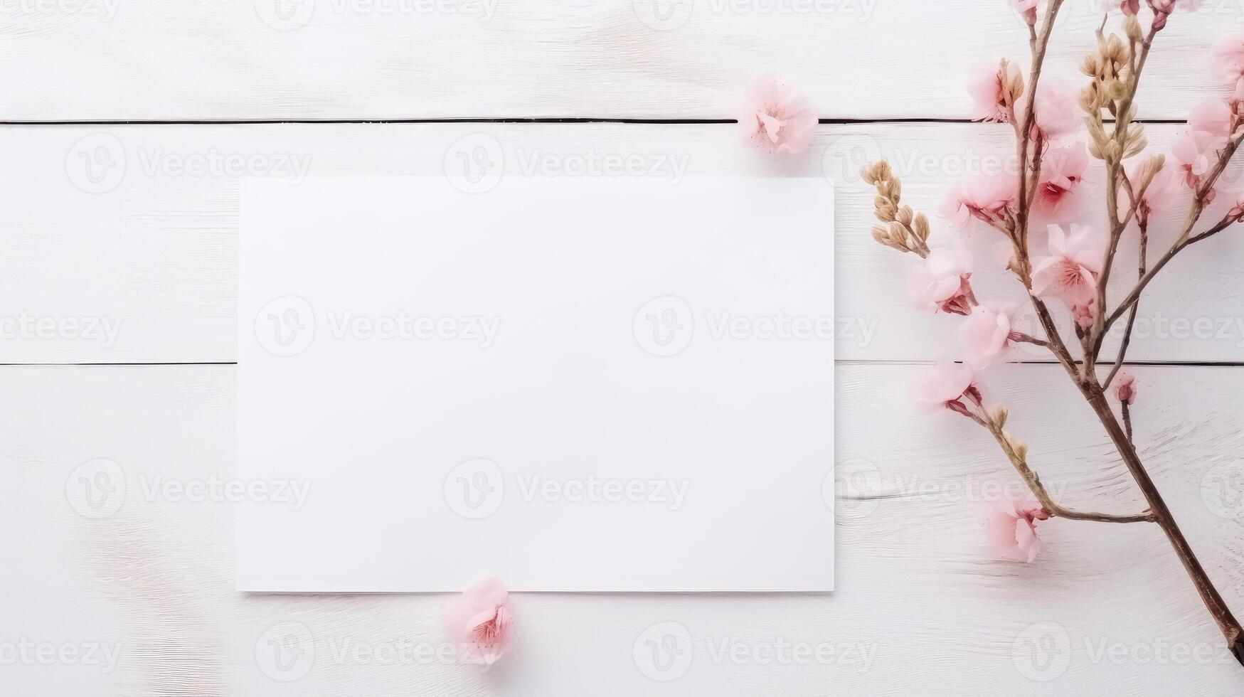 tom vit papper kort attrapp och körsbär blomma gren på trä- tabell topp. generativ ai. foto