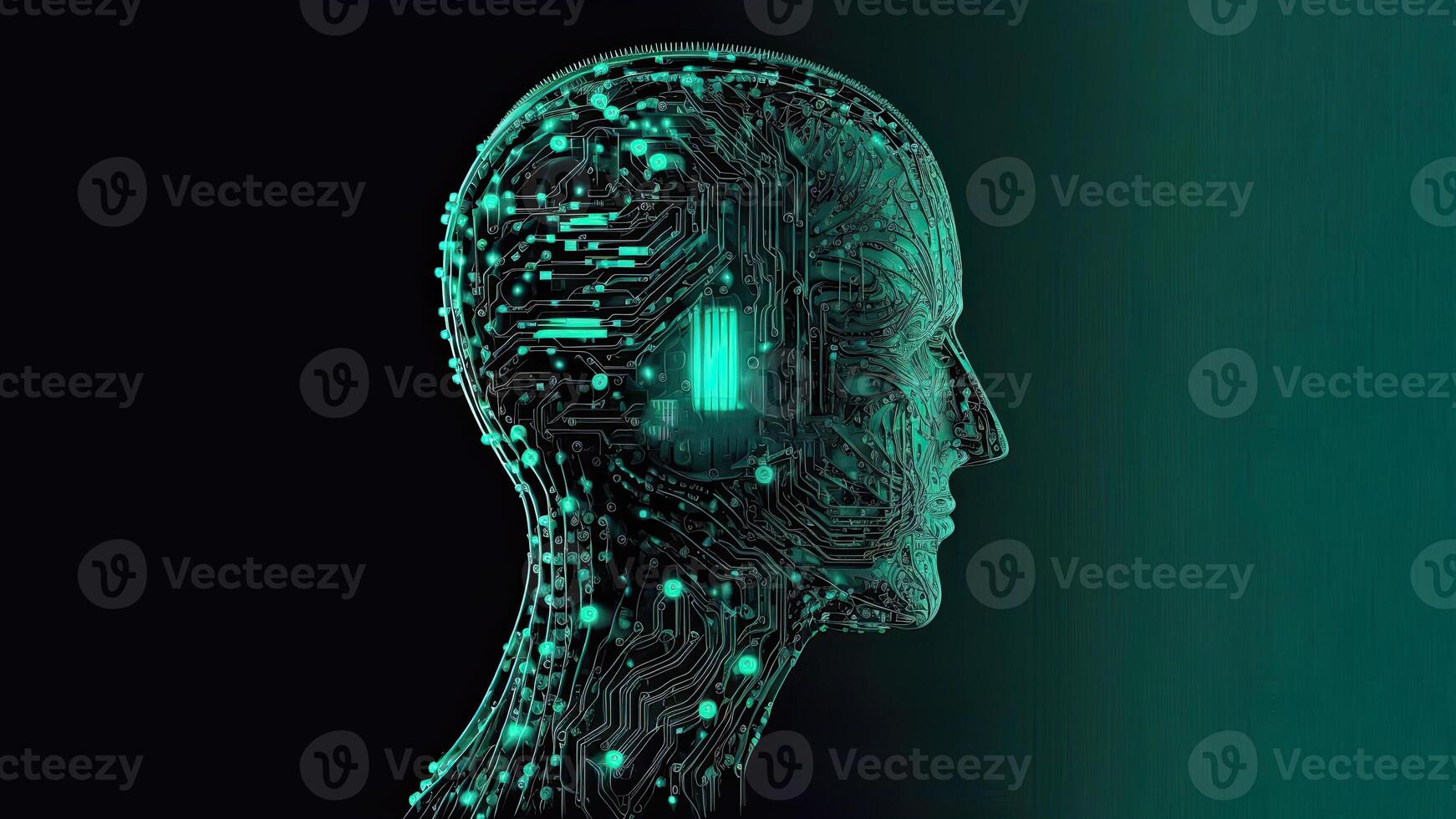 artificiell intelligens i humanoid huvud med neuralt nätverk, digital hjärna inlärning bearbetning stor data. ansikte av cyber sinne. generativ ai teknologi. foto