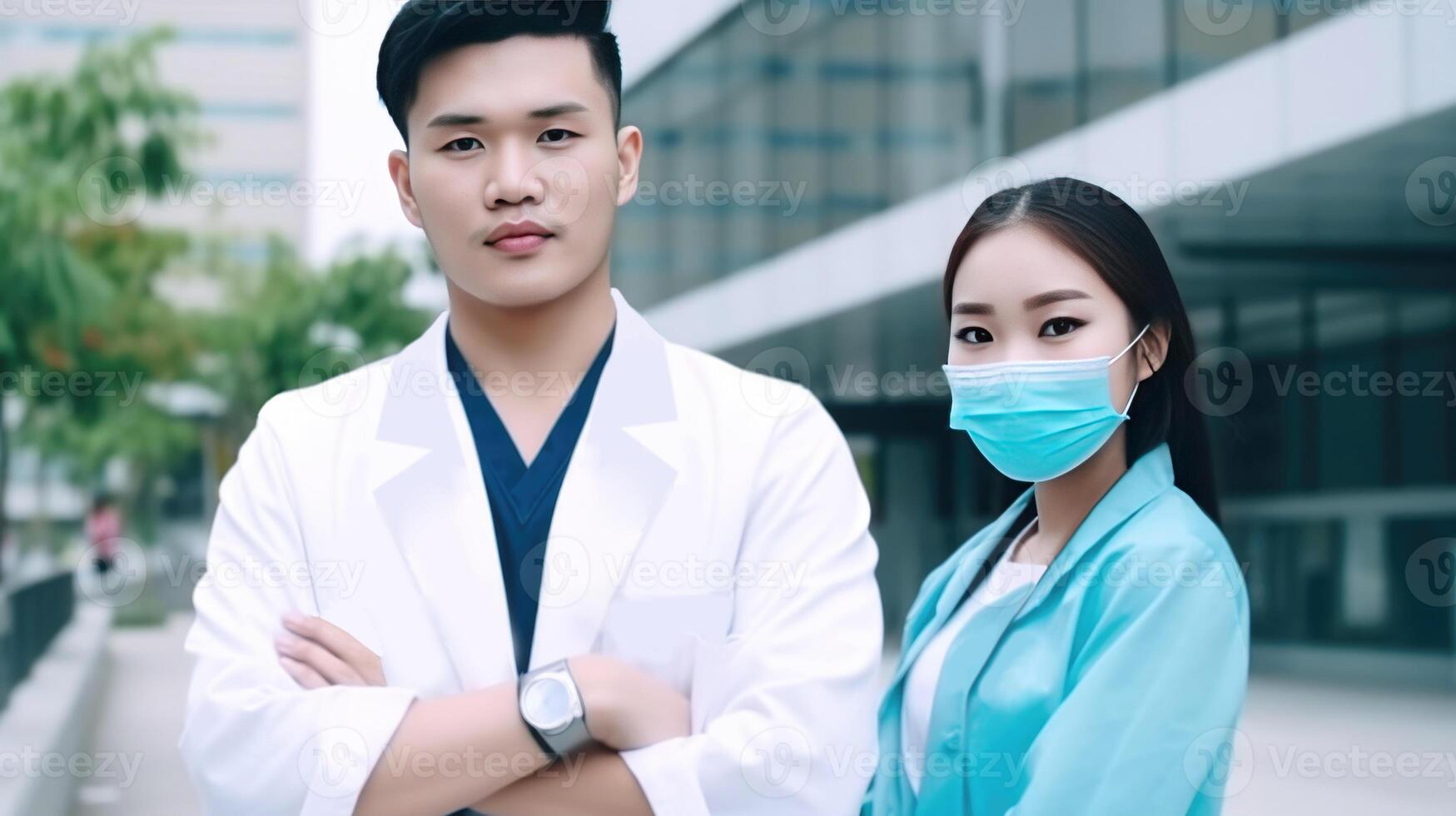 porträtt av ung asiatisk manlig och kvinna läkare stående i sjukhus utanför, generativ ai. foto