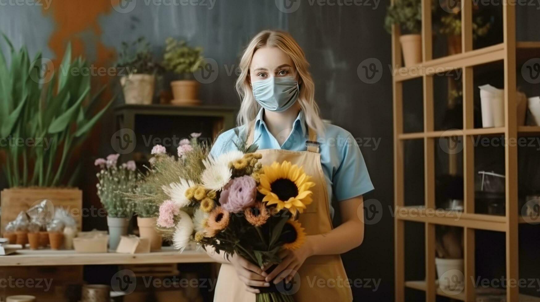 porträtt av amerikan kvinna blomsterhandlare bär mask och innehav skön bukett i henne blommig affär, generativ ai. foto