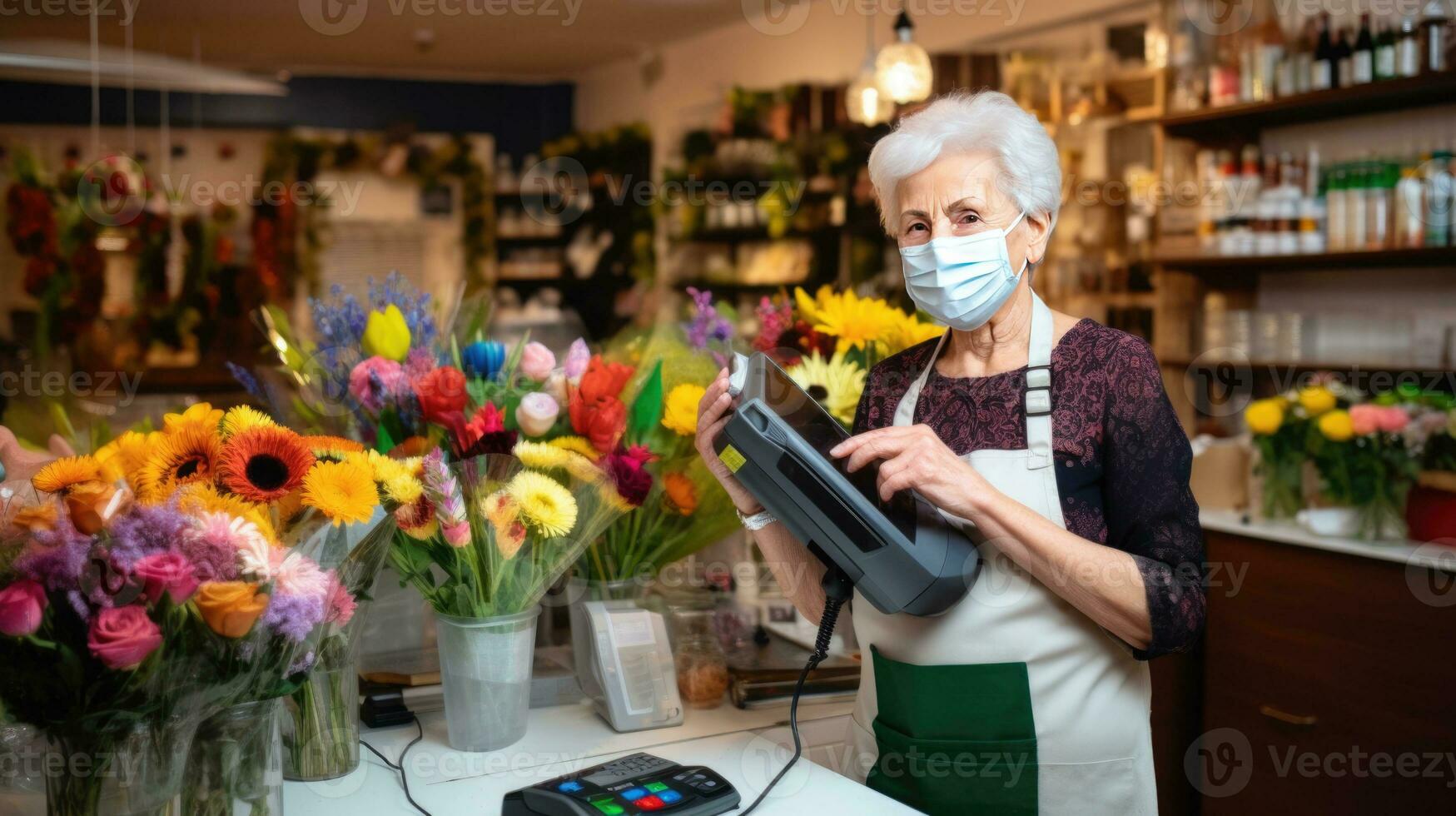 äldre kvinna blomsterhandlare bär mask under arbetssätt i henne affär, generativ ai. foto