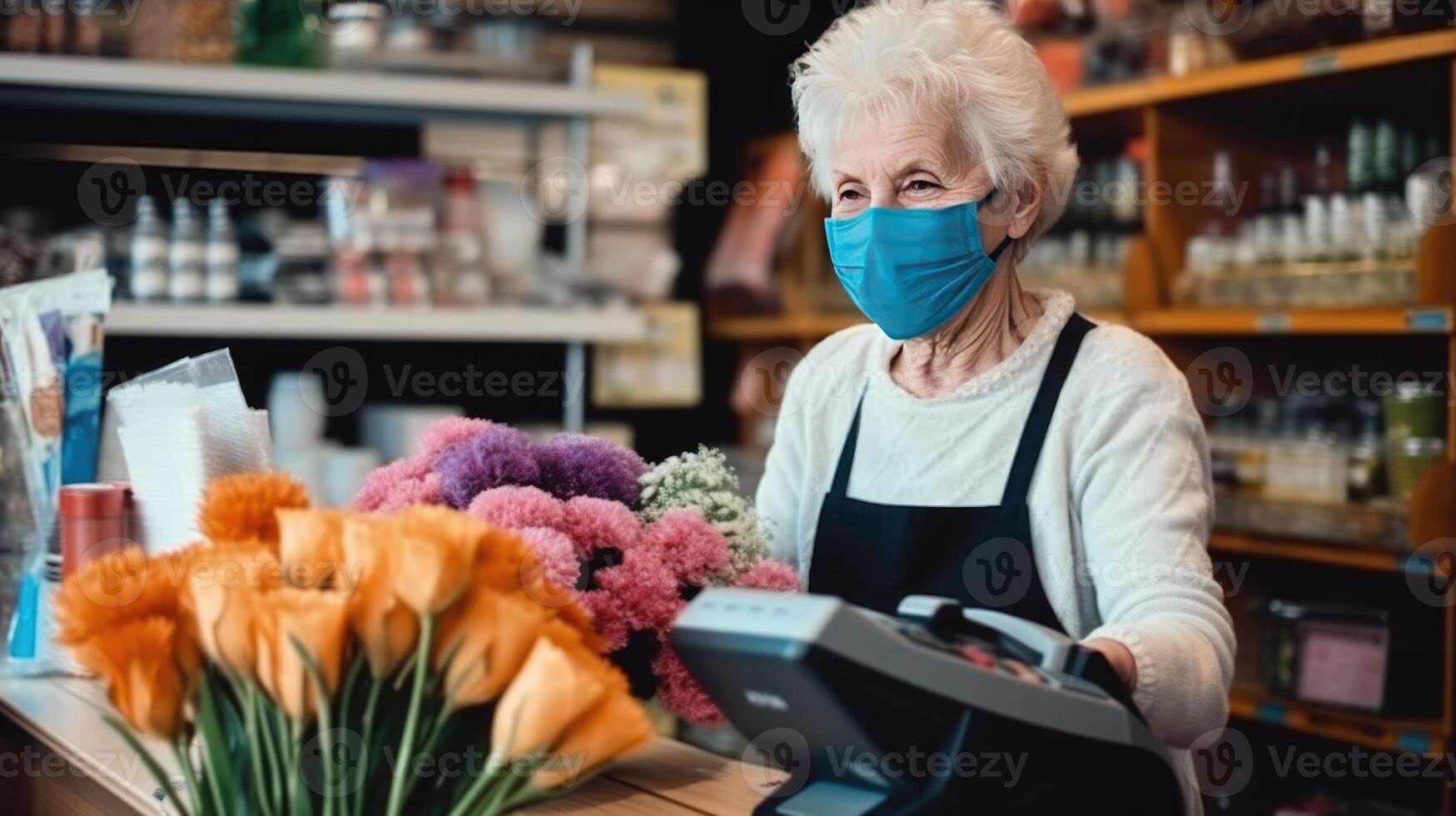 äldre kvinna assistent bär mask under arbetssätt i blomsterhandlare affär, generativ ai. foto