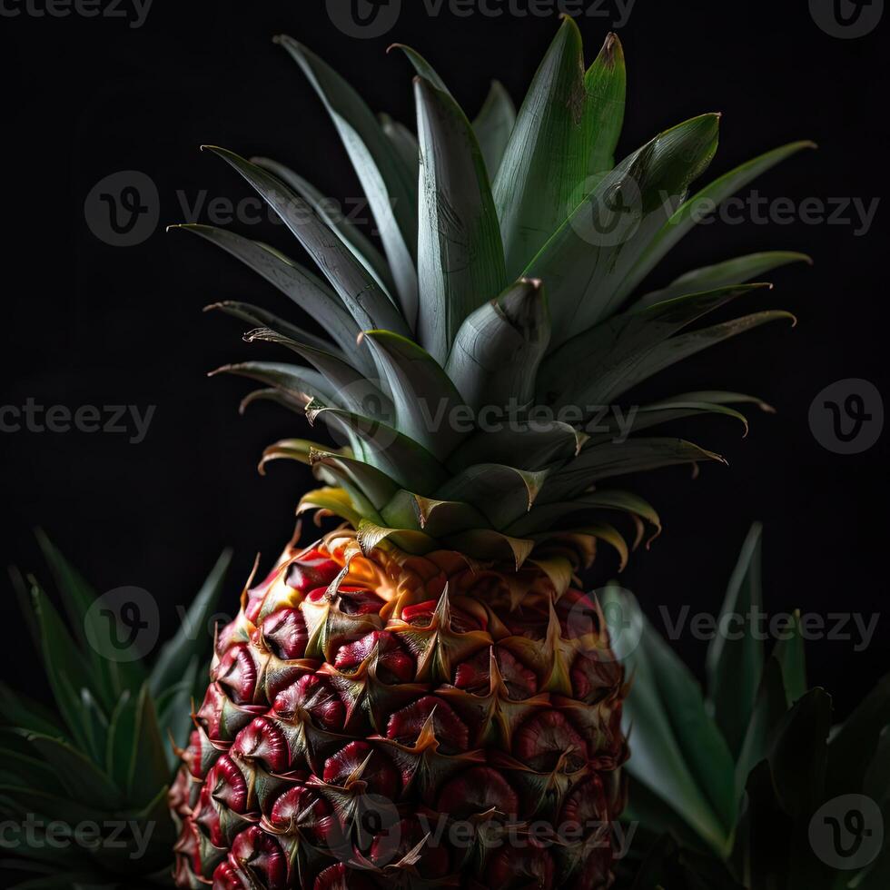 slående fotografi av utsökt mogen ananas med grön löv på mörk bakgrund, generativ ai. foto