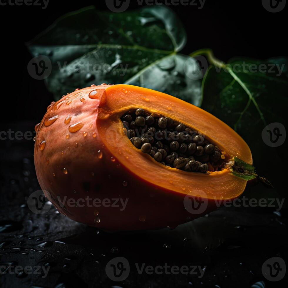 slående fotografi av saftig papaya skära bit med frön och grön löv på mörk bakgrund. generativ ai. foto