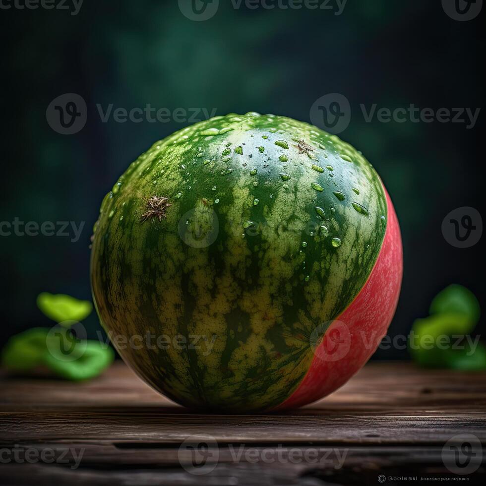 slående fotografi av utsökt mogen vattenmelon med vatten droppar på mörk bakgrund, generativ ai. foto