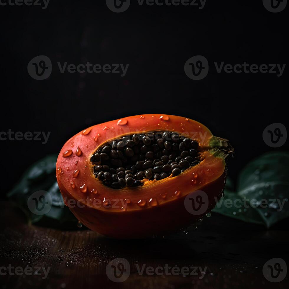 slående fotografi, bit av saftig papaya med frön på mörk bakgrund. generativ ai. foto