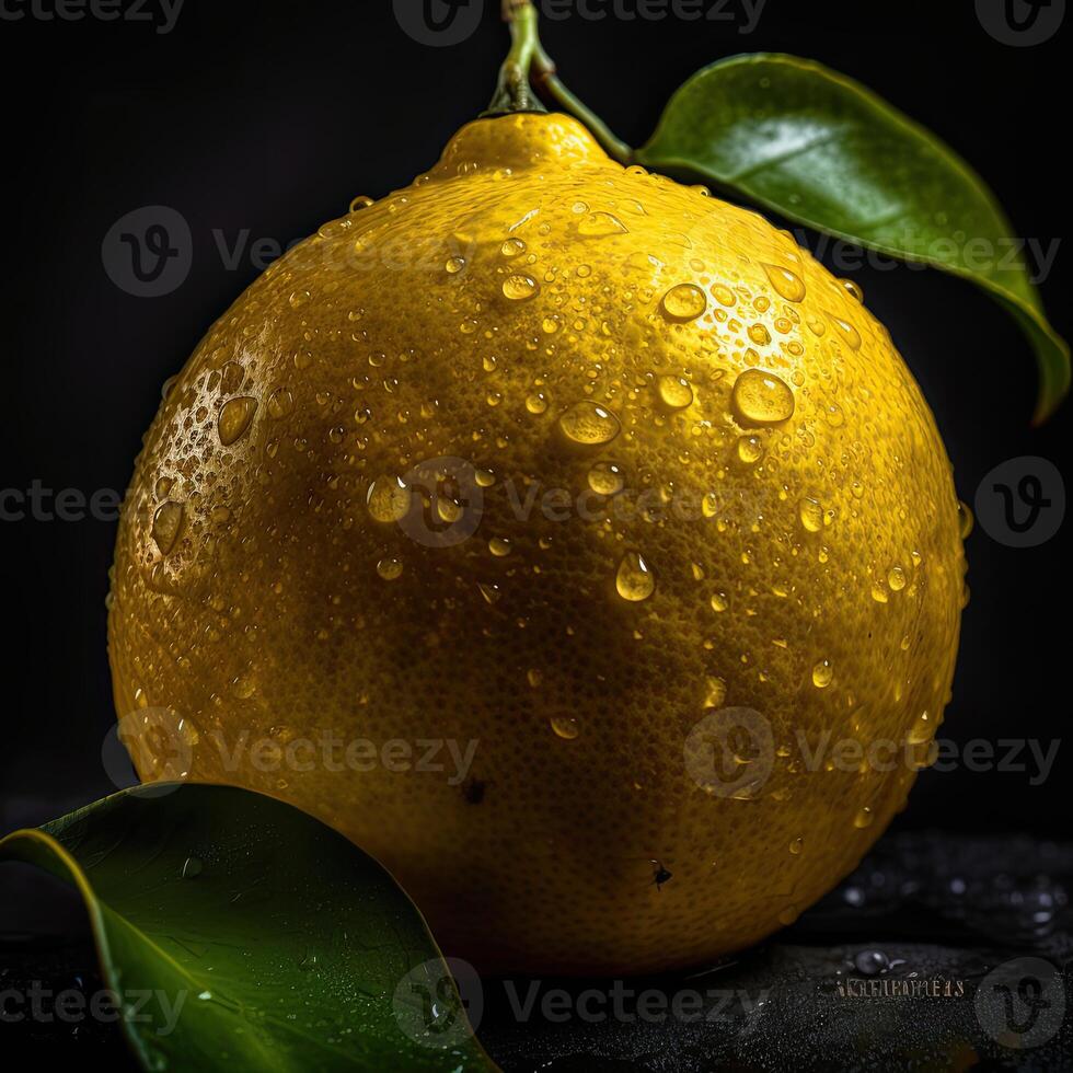 slående fotografi av saftig orange med liten droppe vatten på mörk bakgrund. generativ ai. foto