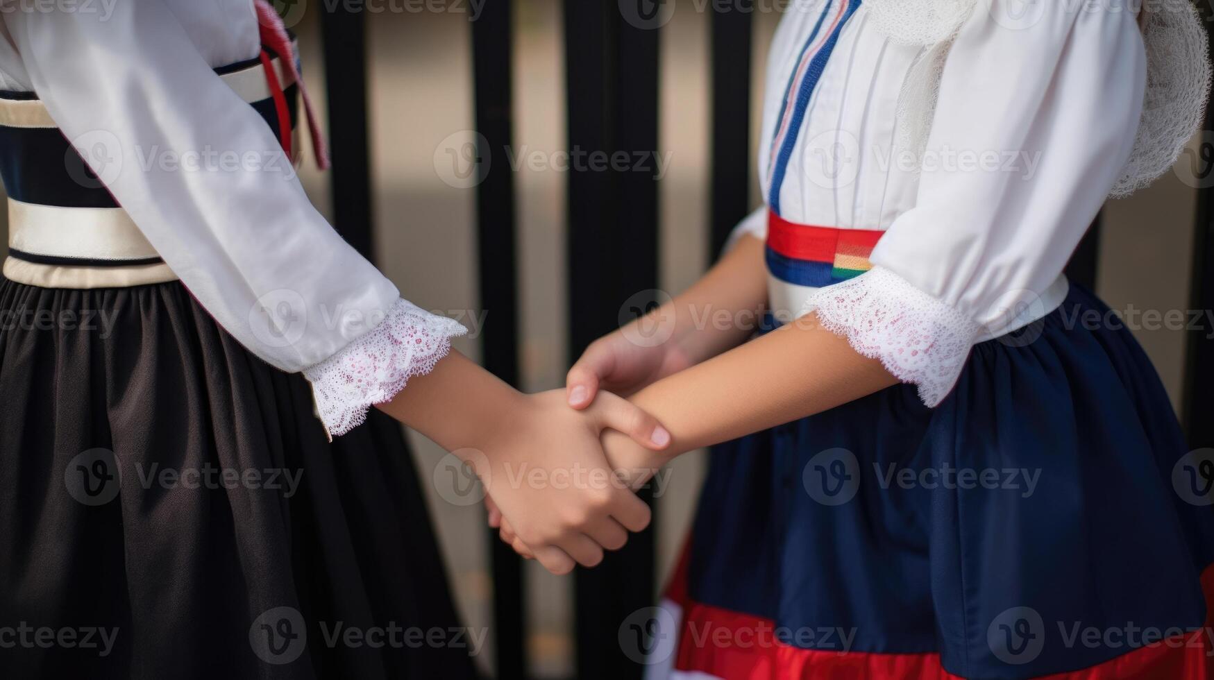 vänlig eller tillfällig handslag mellan Frankrike kvinnor i deras traditionell klädsel. generativ ai. foto