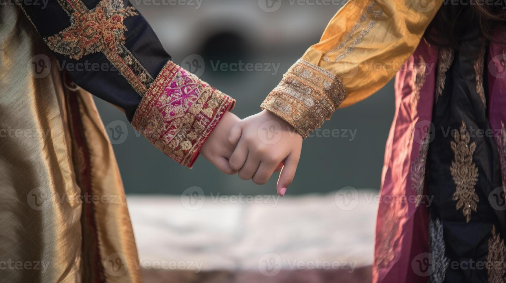 vänlig eller tillfällig handslag mellan arab kulturell kvinnor i deras traditionell klädsel. generativ ai. foto