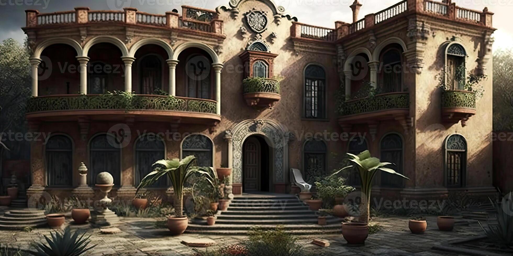hyper realistisk panorama- se av läskigt exteriör massiv fantasi gammal Fasad palats med växt inlagd. generativ ai illustration. foto