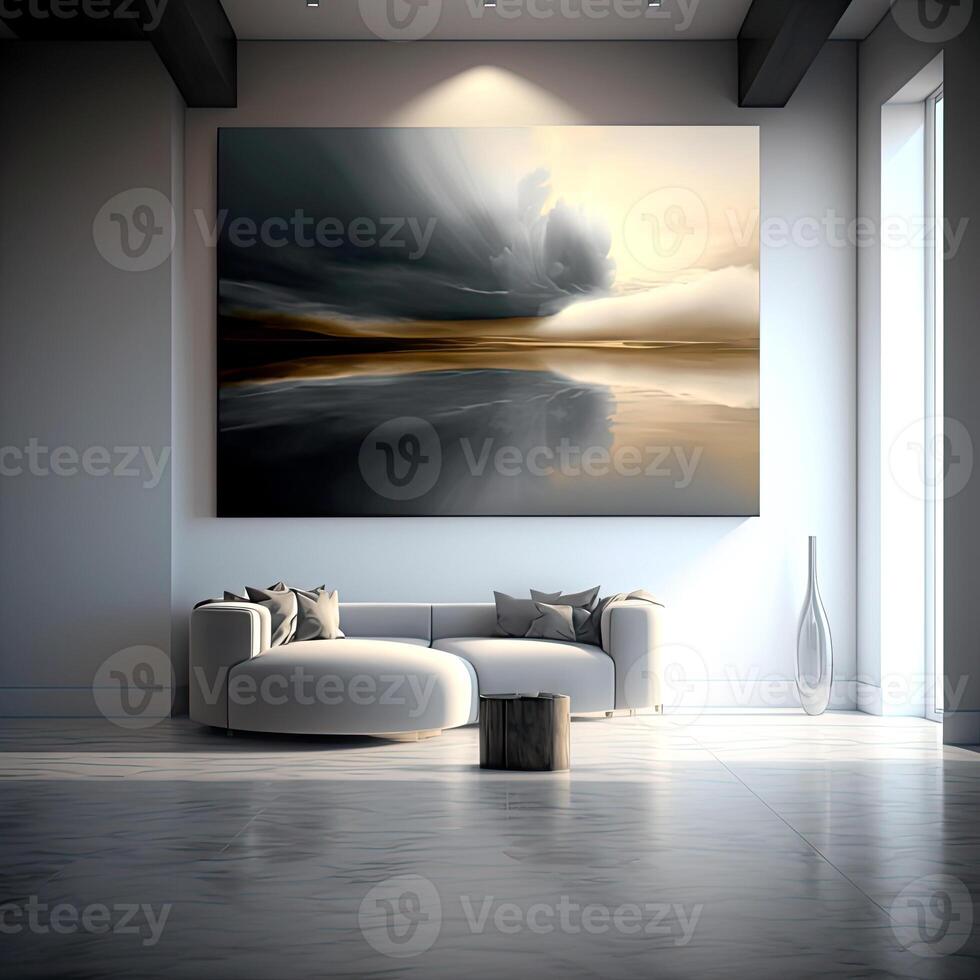 interiör av modern levande rum med soffa, fåtölj och kreativ konstverk. ai generativ. foto