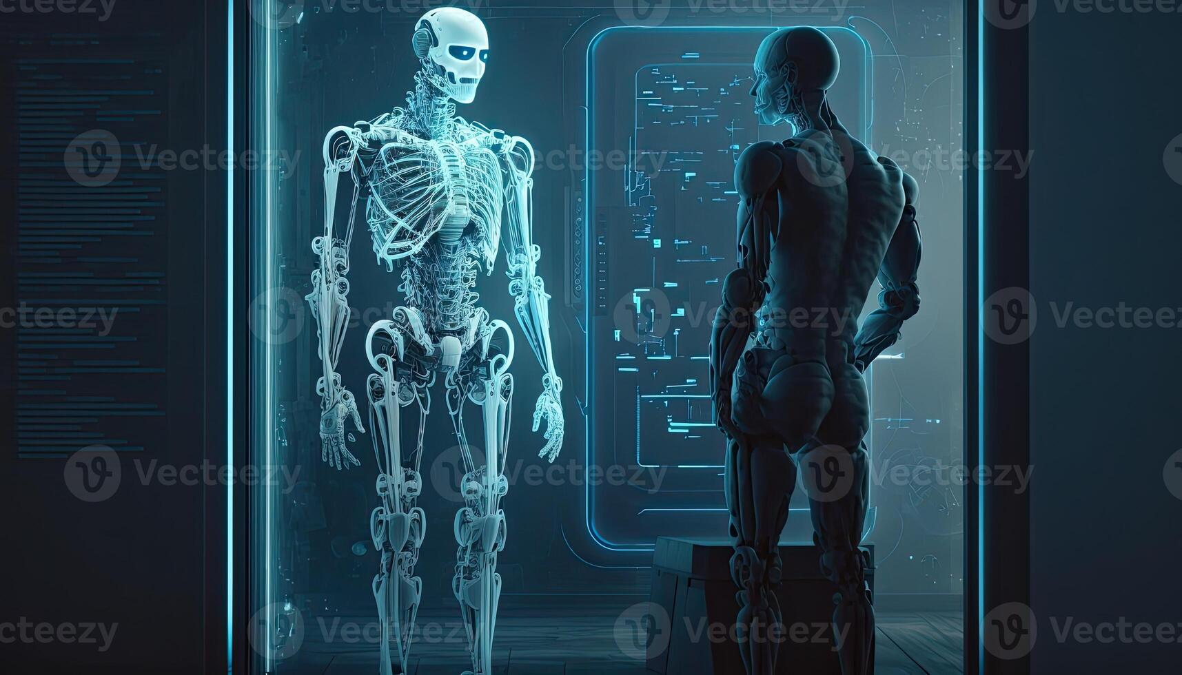 humanoid robot analyserar hologram bakgrund, digital konst stil. generativ ai. foto