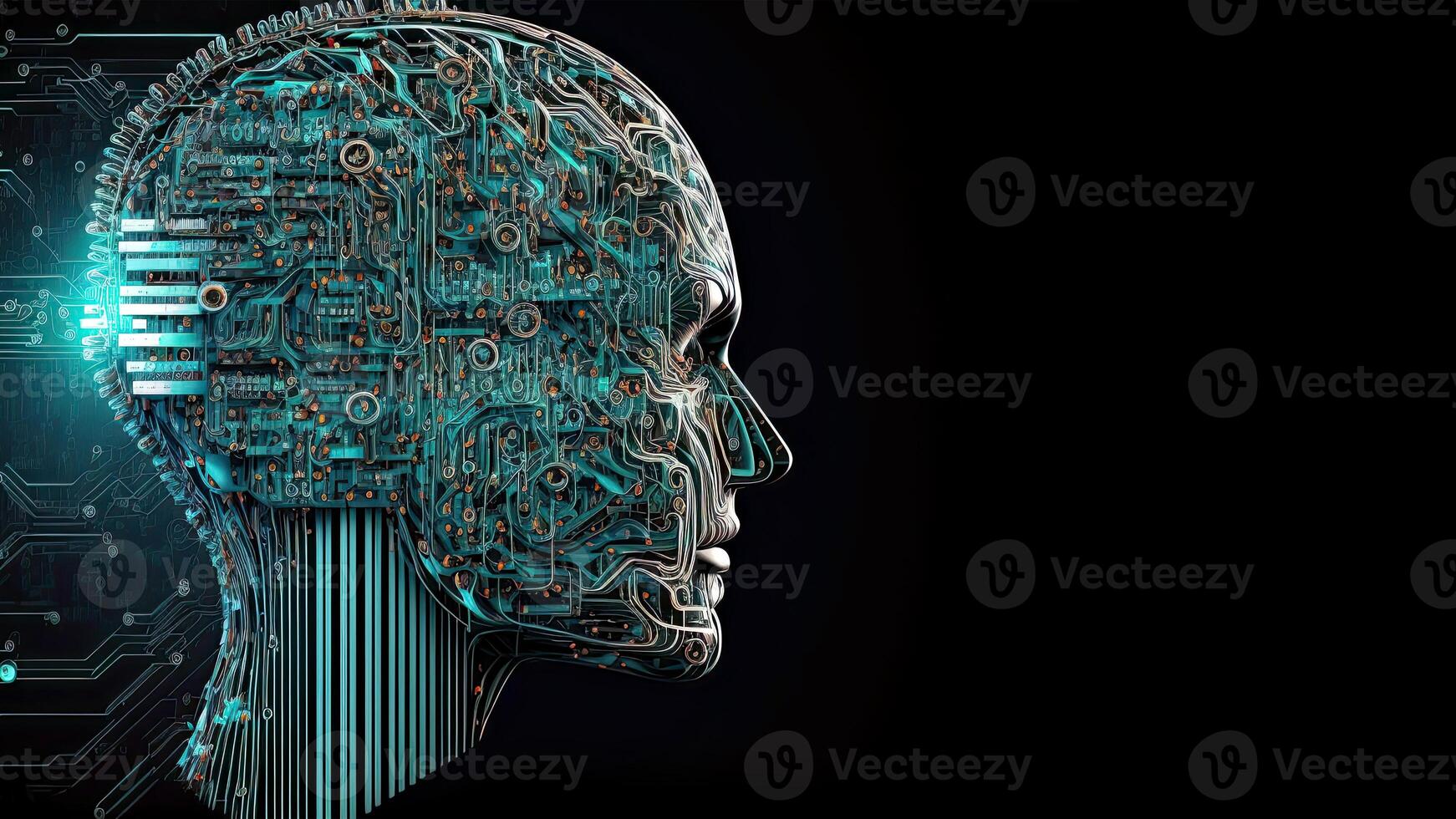 artificiell intelligens i humanoid huvud med neuralt nätverk, digital hjärna inlärning bearbetning stor data. ansikte av cyber sinne. generativ ai teknologi och Plats för din meddelande. foto