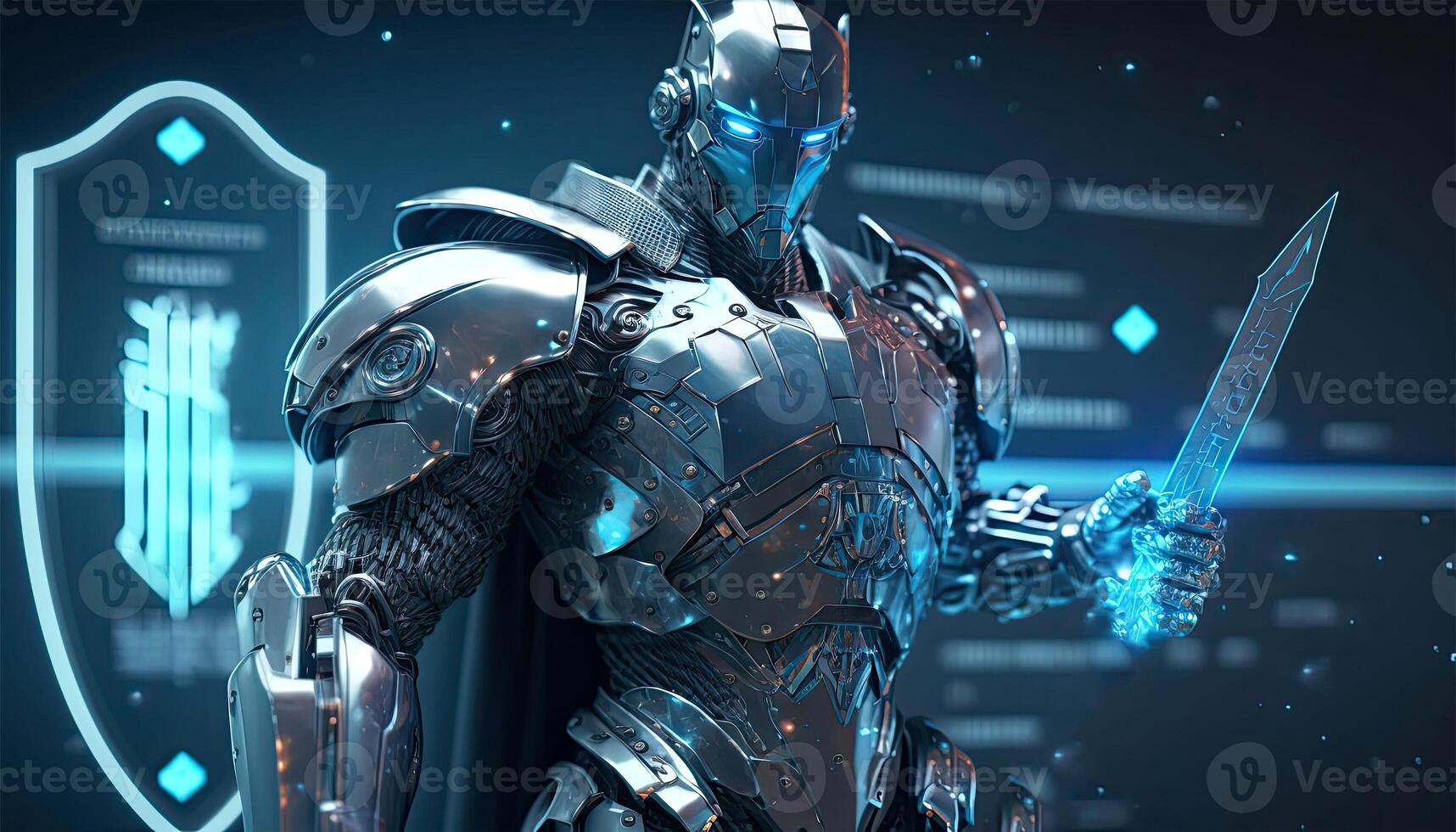 en cyborg innehav en trogen svärd med cyberset skydda holografiska skärm på mörk bakgrund. generativ ai illustration. foto