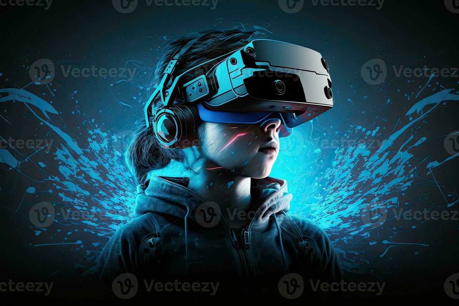 trogen kvinna i virtuell verklighet glasögon på de bakgrund av en neon stad. cyberpunk, retrovåg, synthwave, hög definition, konst, generativ artificiell intelligens. foto