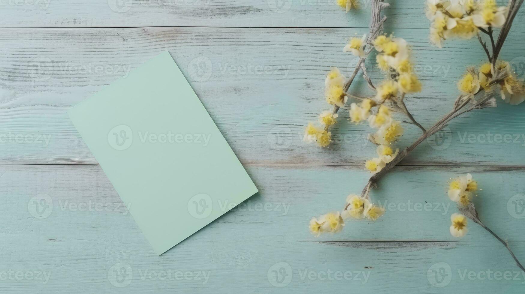 topp se av tom inbjudan kort papper attrapp och blomma grenar på trä- tabell, generativ ai. foto