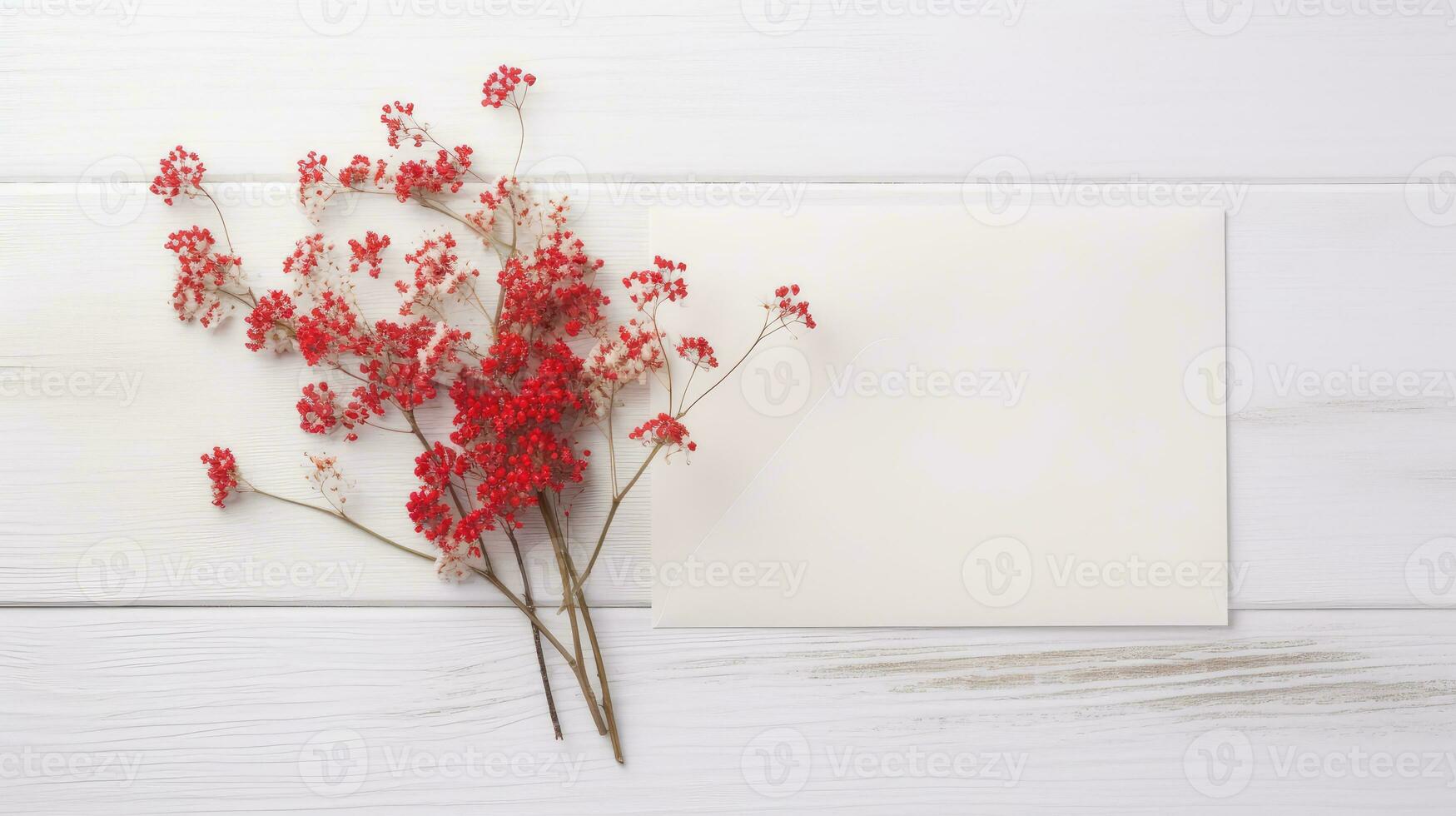 topp se av röd Gypsophila blomma gren och vit kuvert attrapp på trä- tabell, generativ ai. foto