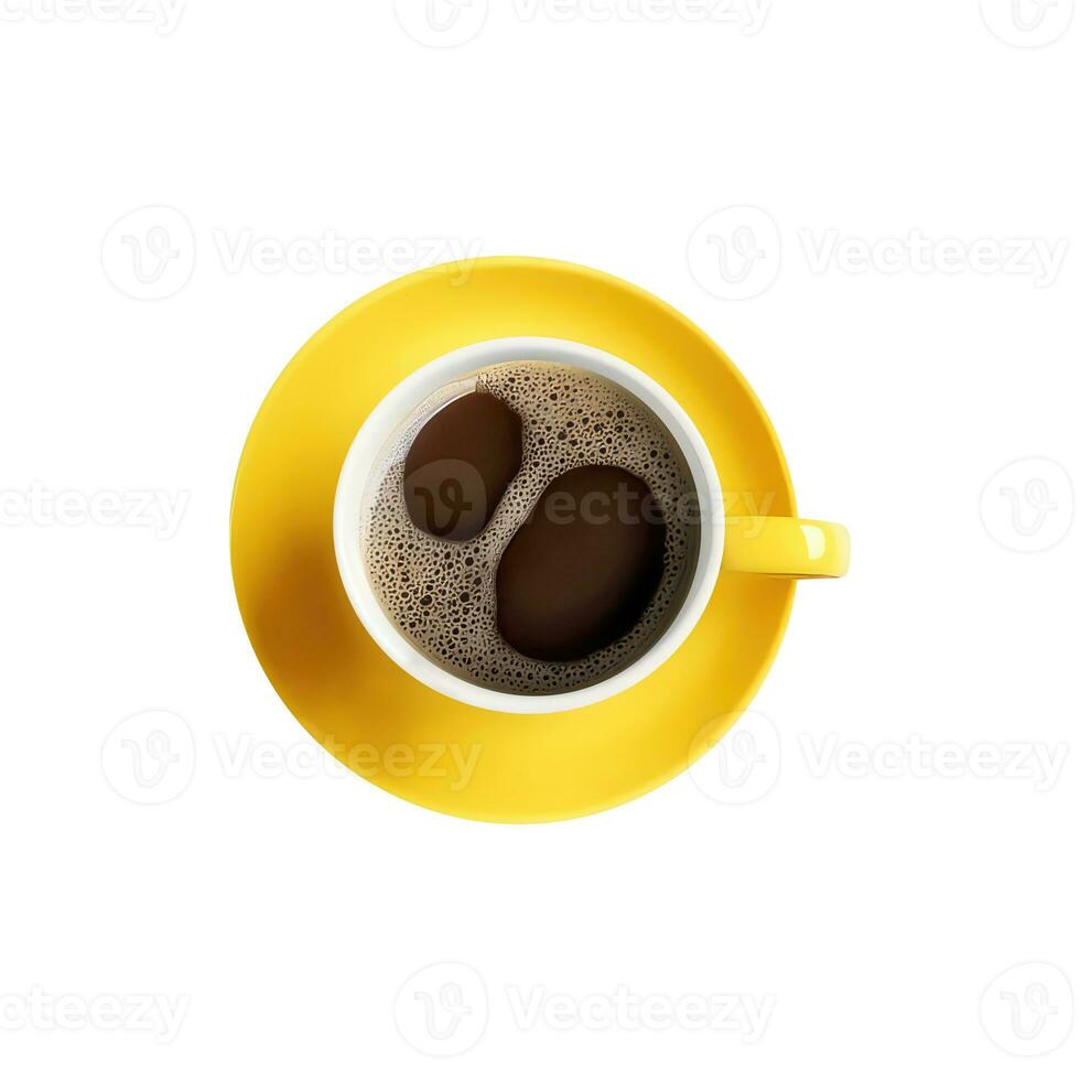 över huvudet se av svart te eller kaffe kopp med gul fat ikon. foto