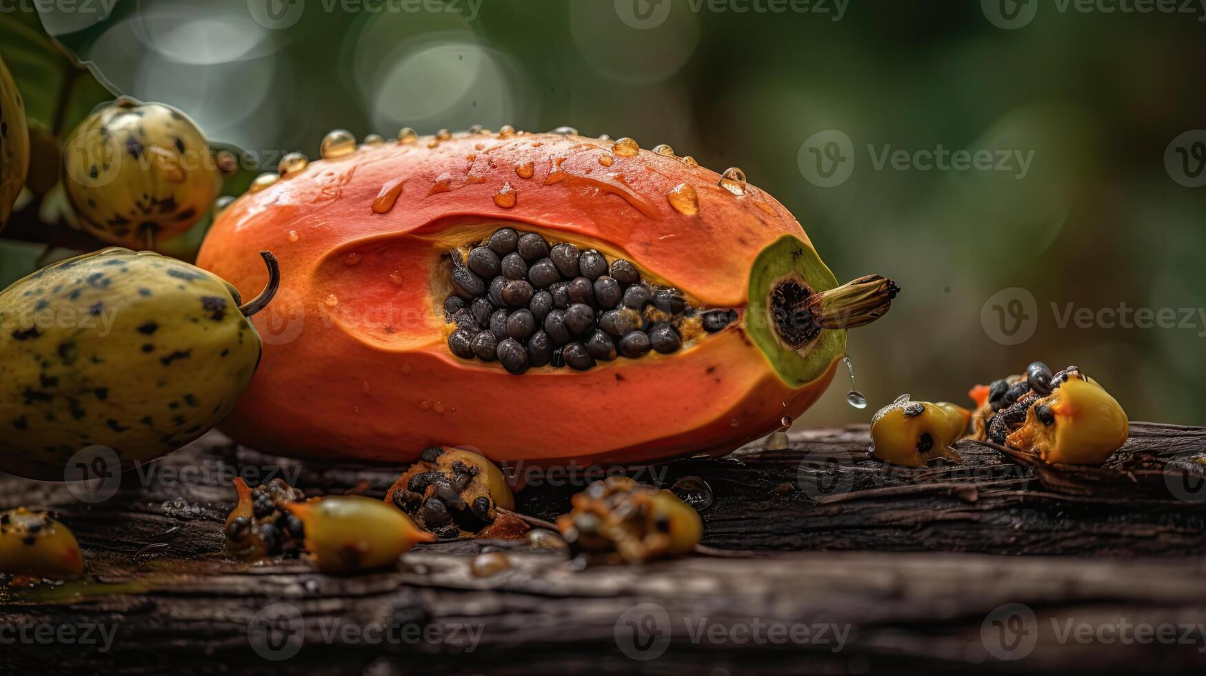 hela och skiva av färsk papaya med vatten droppar på trä- textur bakgrund, generativ ai. foto