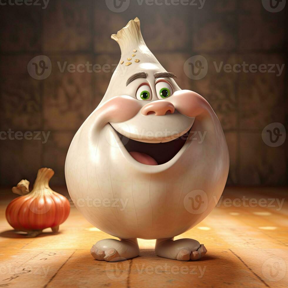 pixar stil glad vitlök 3d karaktär på skinande brun bakgrund. generativ ai. foto