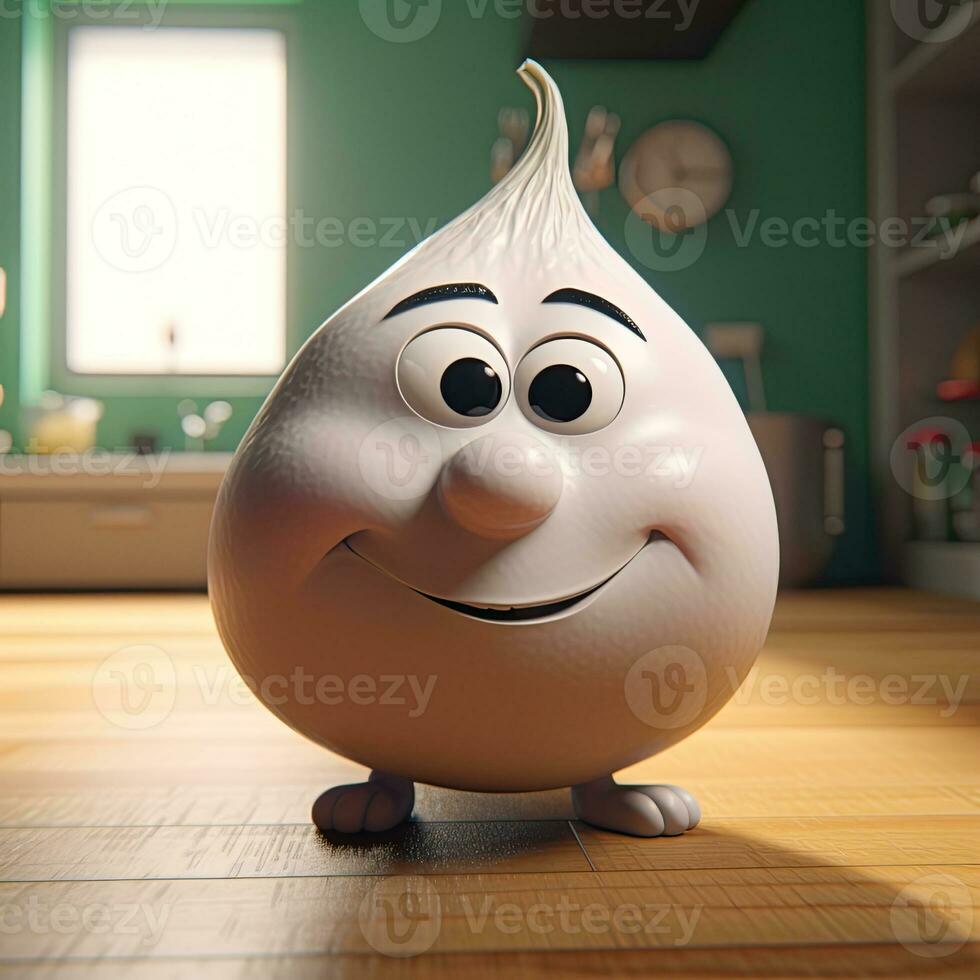 3d pixar karaktär av söt leende vitlök tecknad serie på skinande rum. generativ ai. foto
