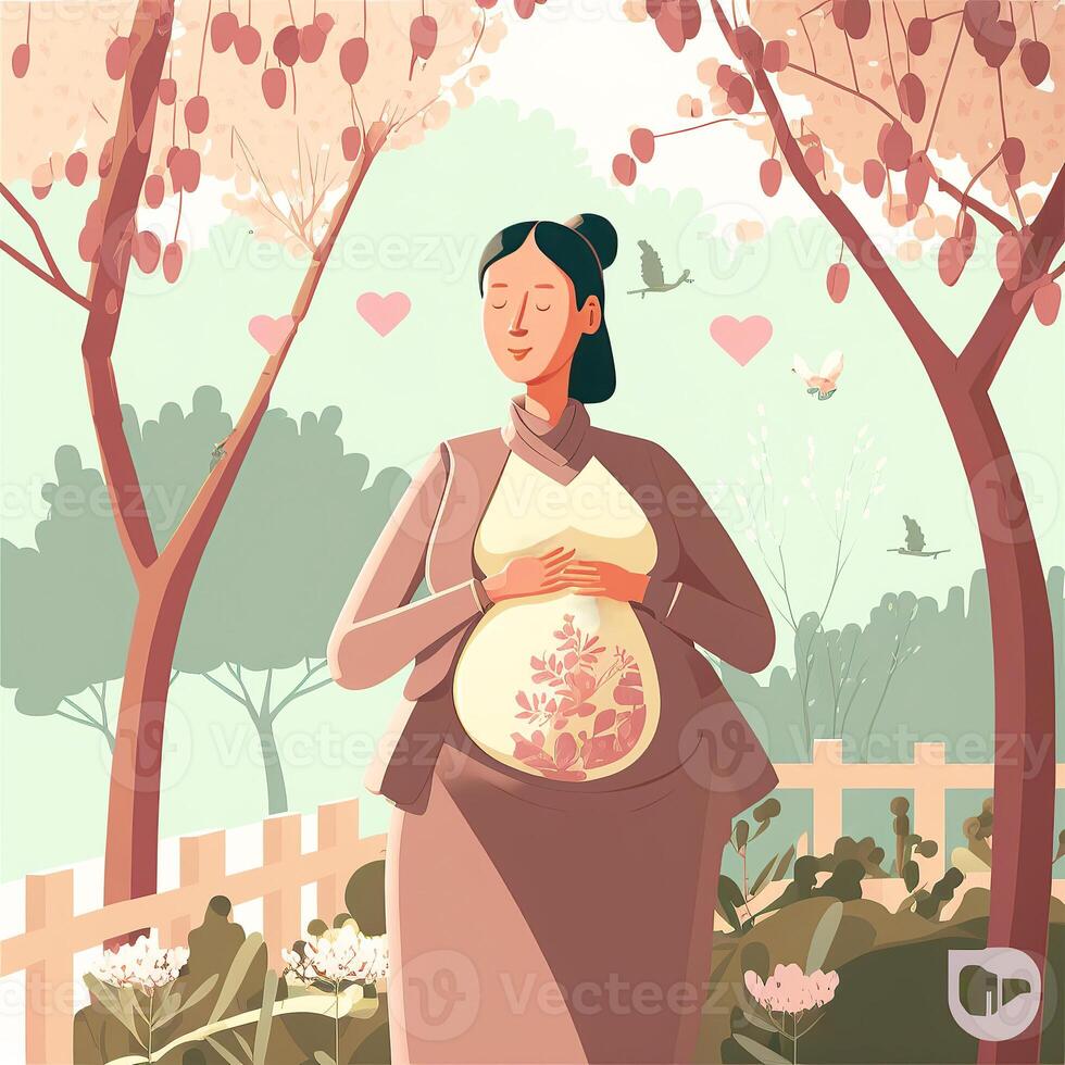 illustration av gravid kvinna gnuggning henne mage på natur bakgrund. begrepp av graviditet, föräldraskap, mödrar dag. skapas förbi generativ ai teknologi. foto