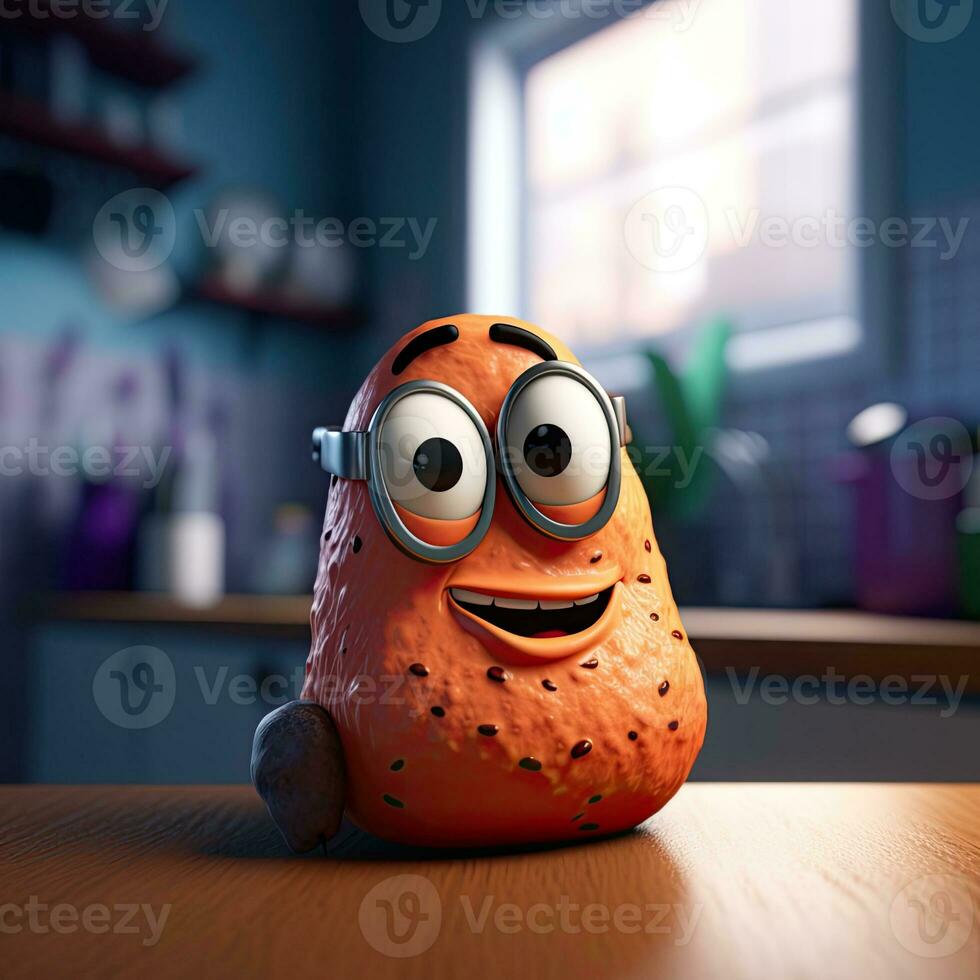 pixar stil fnittrande ljuv potatis 3d karaktär på skinande kök rum. generativ ai. foto