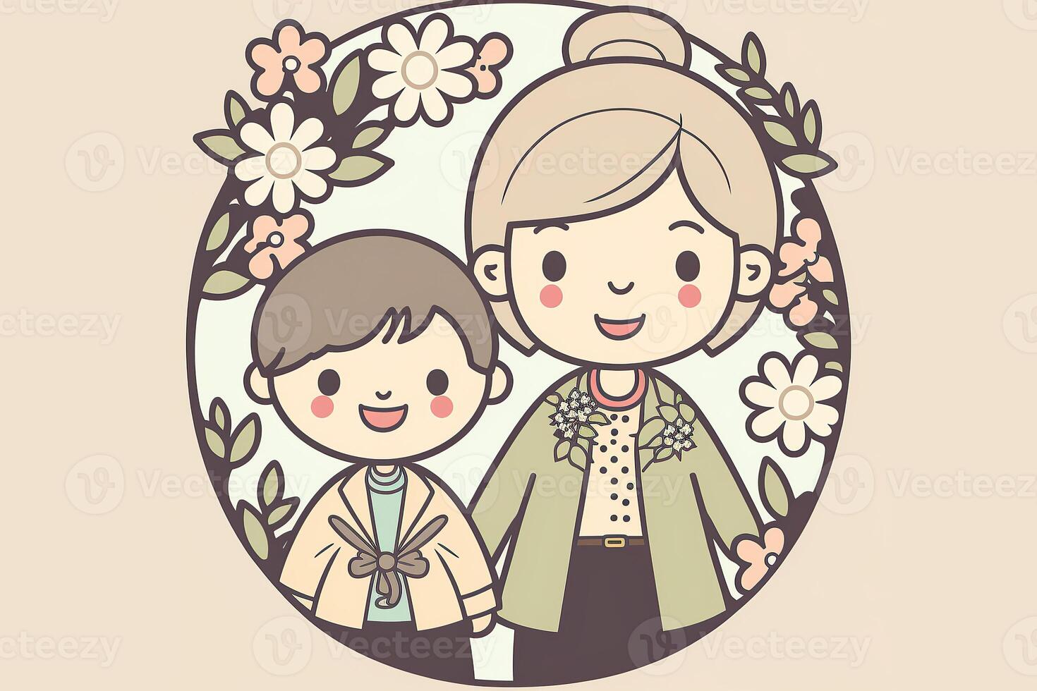 söt illustration av glad mor med henne son, cirkulär blommig ram i rosa bakgrund. begrepp av mödrar dag. generativ ai. foto