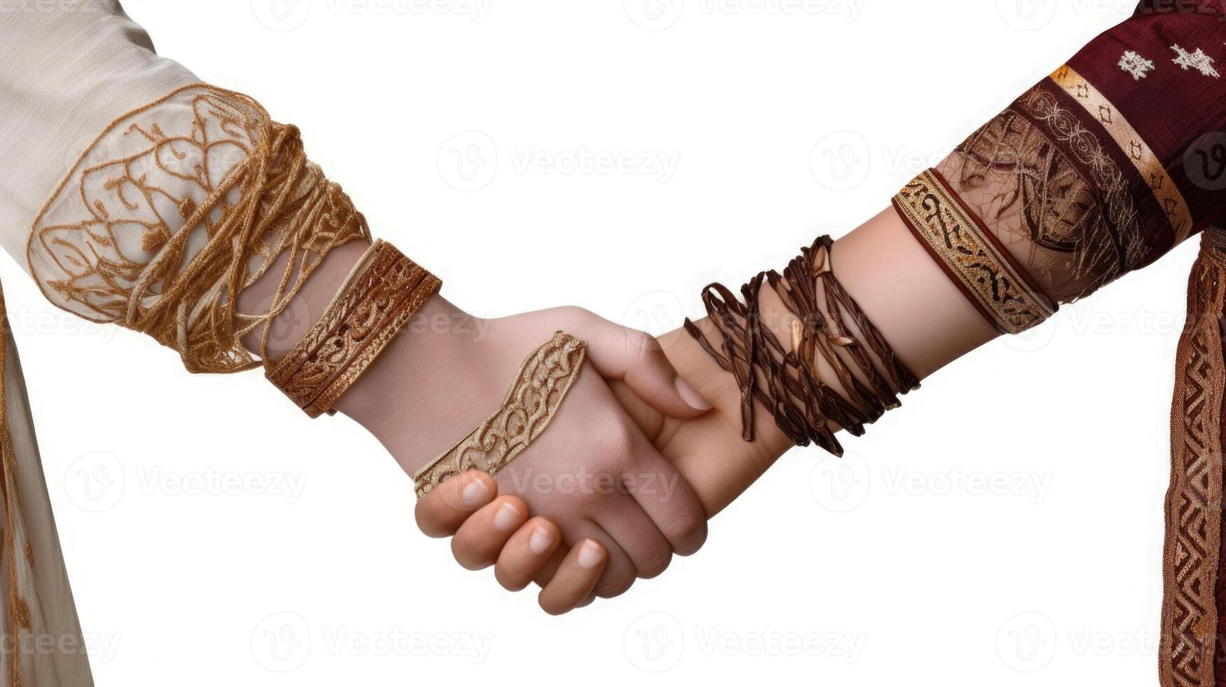 beskurna bild av vänlig eller tillfällig handslag mellan arabicum kvinnor i deras traditionell klädsel. foto