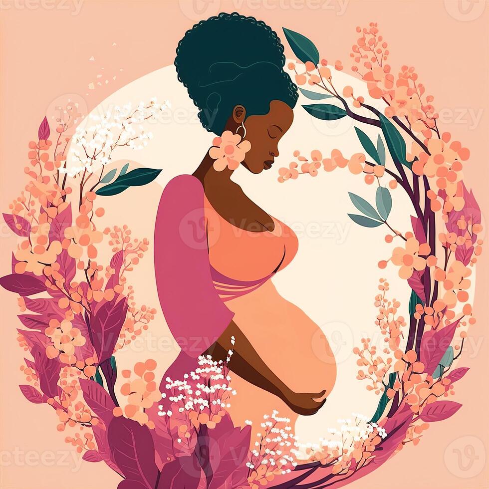 porträtt av afrikansk gravid kvinna rörande henne mage, blommig dekorerad på bakgrund. begrepp av graviditet, föräldraskap, mödrar dag. skapas förbi generativ ai teknologi. foto