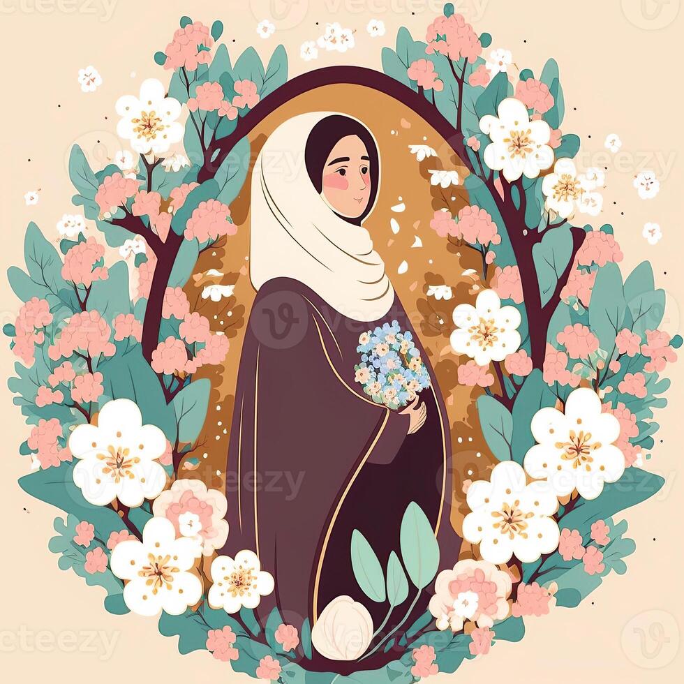illustration av arab gravid kvinna i traditionell klädsel och blommig dekorerad på bakgrund. begrepp av graviditet, föräldraskap, mödrar dag. skapas förbi generativ ai teknologi. foto
