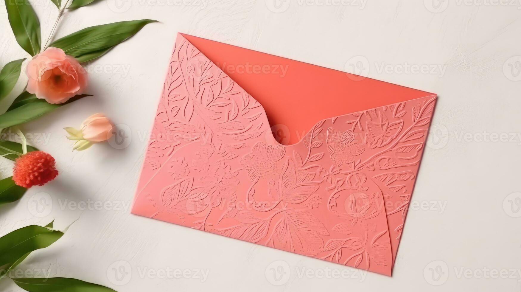 över huvudet se av rouge rosa instansad hälsning kort kuvert med pion blomma för vår eller bröllop, händelse firande begrepp. generativ ai. foto
