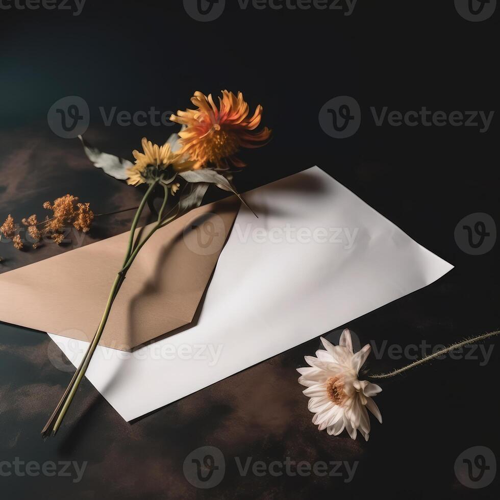 topp se av kraft och vit papper attrapp och daisy blommig på årgång trä- tabell, generativ ai. foto