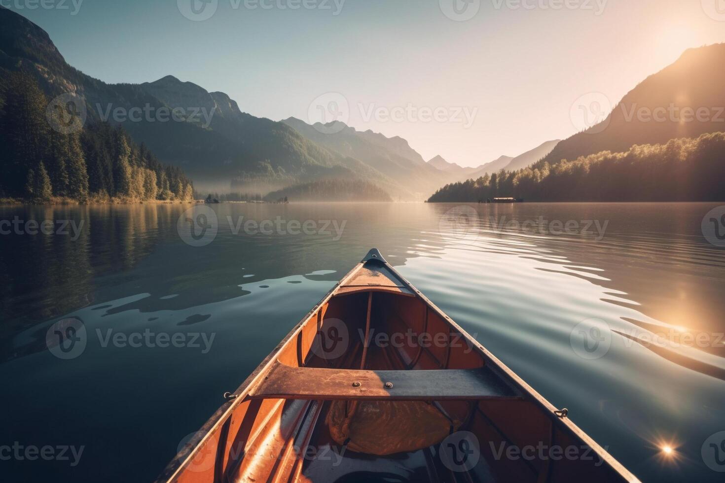 kanot flytande på en lugn berg sjö omgiven förbi lång tall träd på en fredlig morgon. ai genererad foto