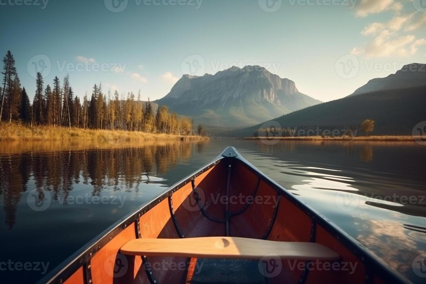 kanot flytande på en lugn berg sjö omgiven förbi lång tall träd på en fredlig morgon. ai genererad foto