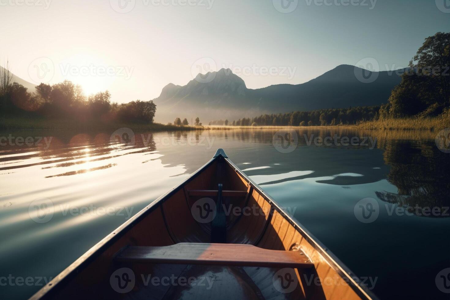 kanot flytande på en lugn berg sjö omgiven förbi lång tall träd på en fredlig morgon. ai genererad foto