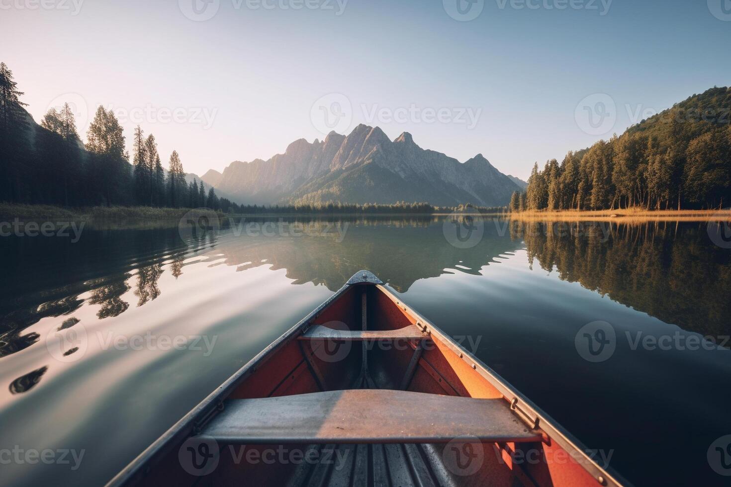 kanot flytande på en lugn berg sjö omgiven förbi lång tall träd på en fredlig morgon. ai genererad foto