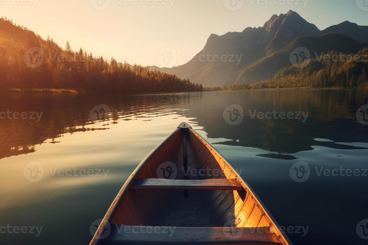 kanot flytande på en lugn berg sjö omgiven förbi lång tall träd på en fredlig morgon. ai genererad foto