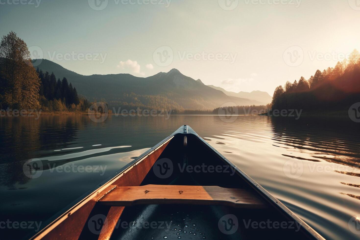 kanot flytande på en lugn berg sjö omgiven förbi lång tall träd på en fredlig morgon. ai genererad foto