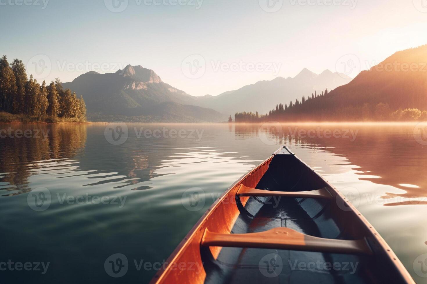 kanot flytande på en lugn berg sjö omgiven förbi lång tall träd på en fredlig morgon. ai genererad foto