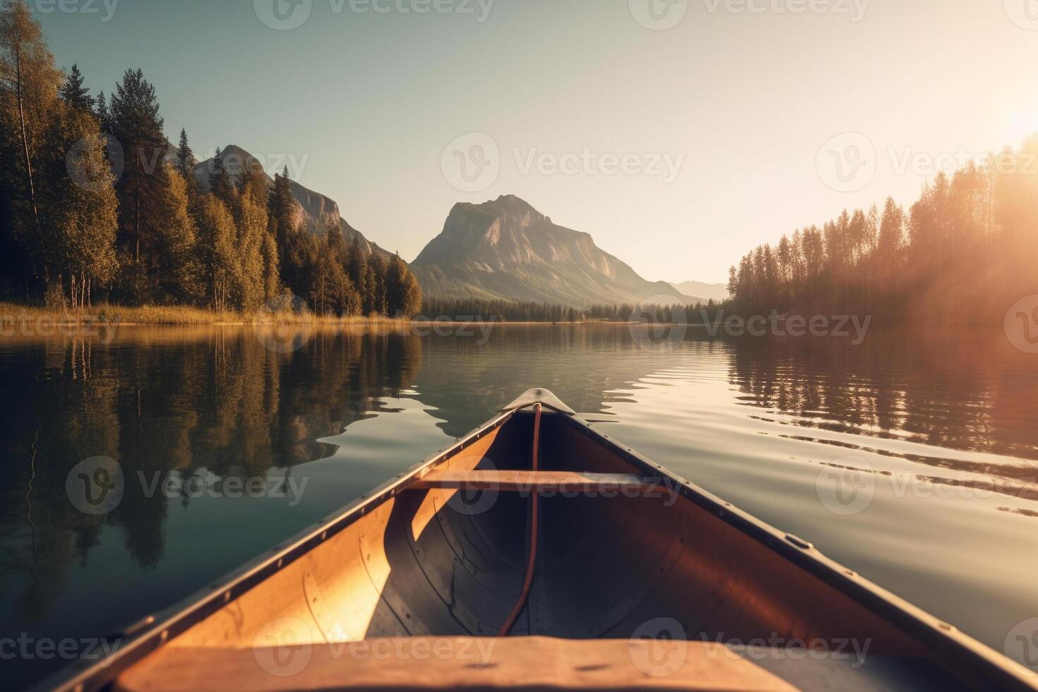 kanot flytande på en lugn berg sjö omgiven förbi lång tall träd på en fredlig morgon. ai genererad foto