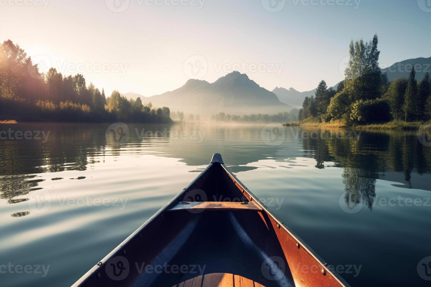 kanot flytande på en lugn berg sjö omgiven förbi lång tall träd på en fredlig morgon. ai genererad foto