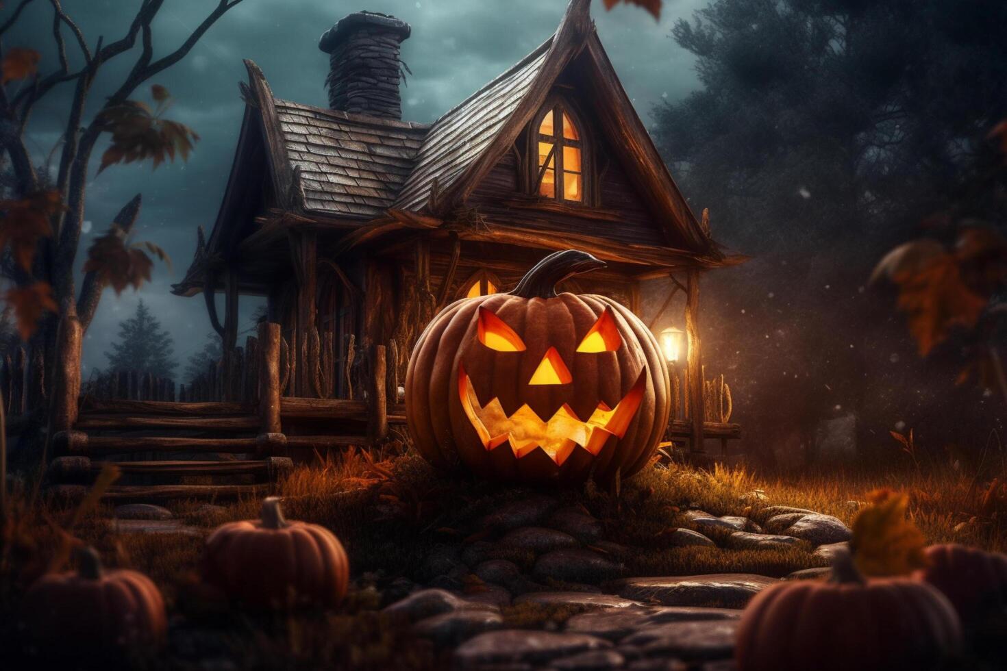 skrämmande pumpa och hus i natt av full måne på halloween firande begrepp. läskigt halloween bakgrund med pumpa. smutsig hus och pumpa på halloween firande begrepp förbi ai genererad foto