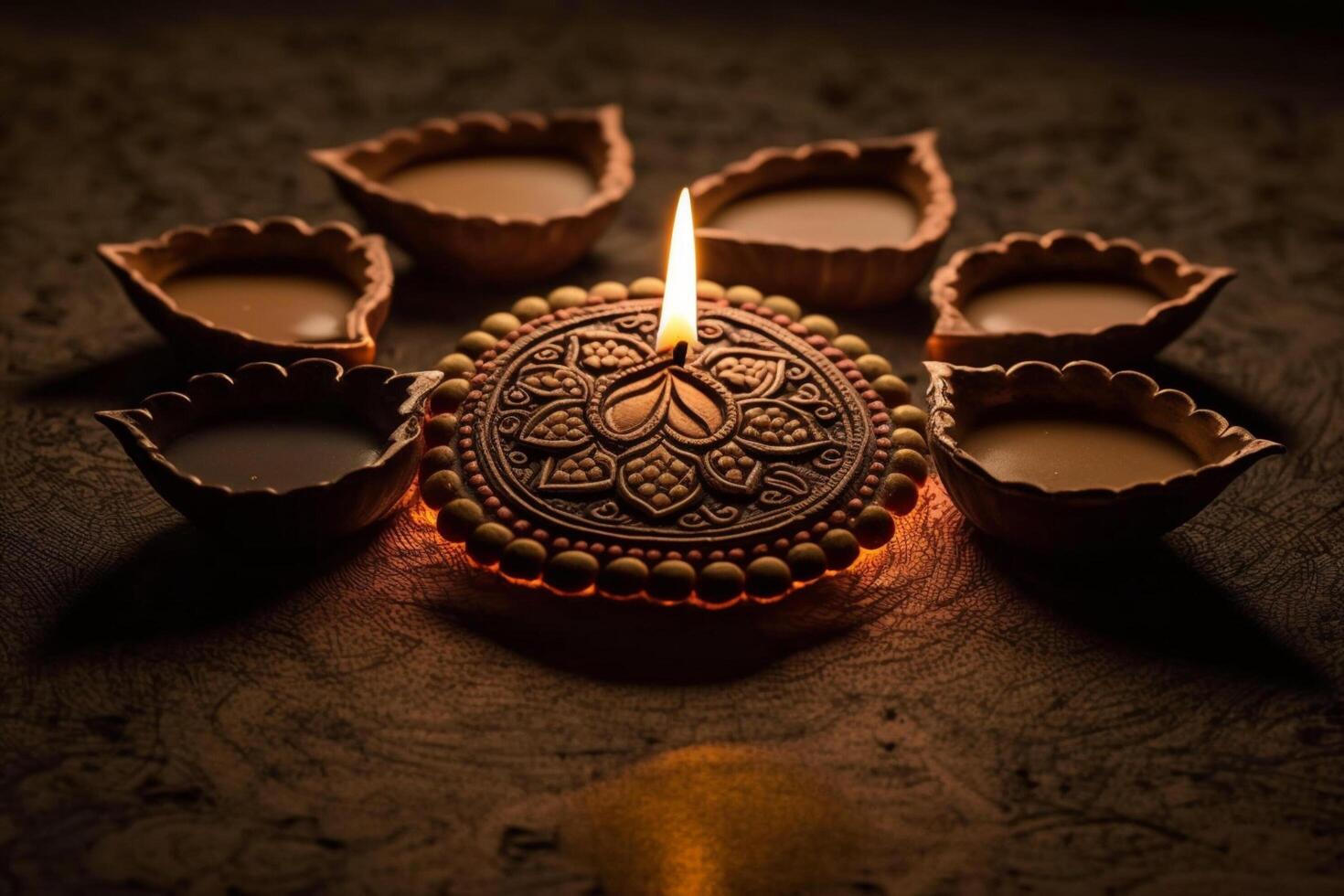 Lycklig diwali eller deepavali traditionell indisk festival med lera diya olja lampa. indisk hindu festival av ljus symbol med ljus och ljus. lera diya lampa belyst under diwali firande förbi ai genererad foto