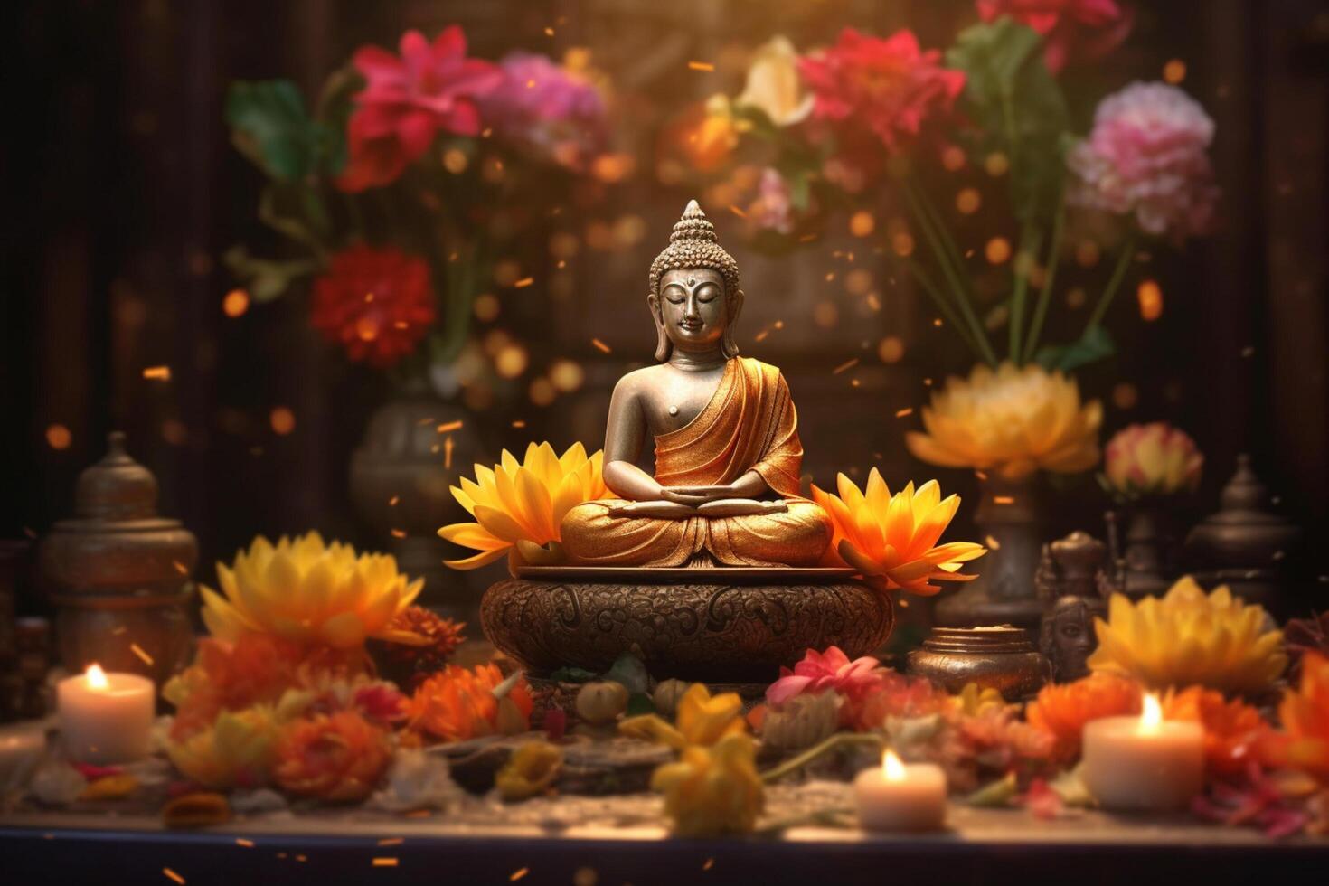 en buddha sitter i en trädgård med en lotus och ljus. bakgrund för Vesak festival firande. Vesak dag begrepp. Vesak firande dag hälsningar förbi ai genererad foto