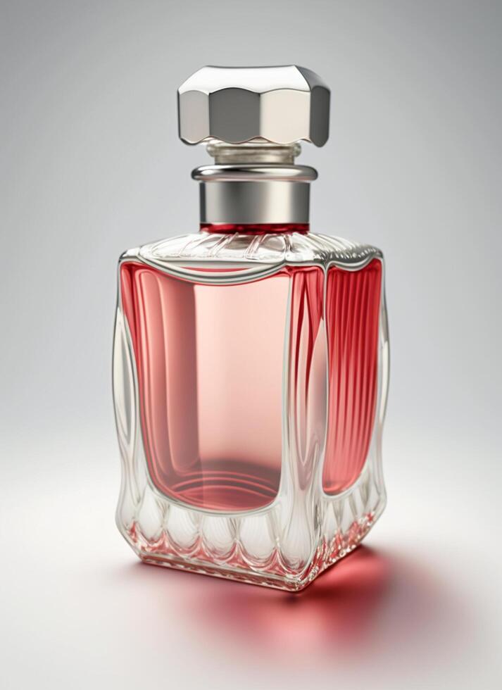 en hög klass flaska av glas parfym med ljus röd flytande. aromatisk parfym flaskor på vit bakgrund. skönhet produkt, kosmetisk, parfym dag, doft dag eller parfym lansera händelse förbi ai genererad foto