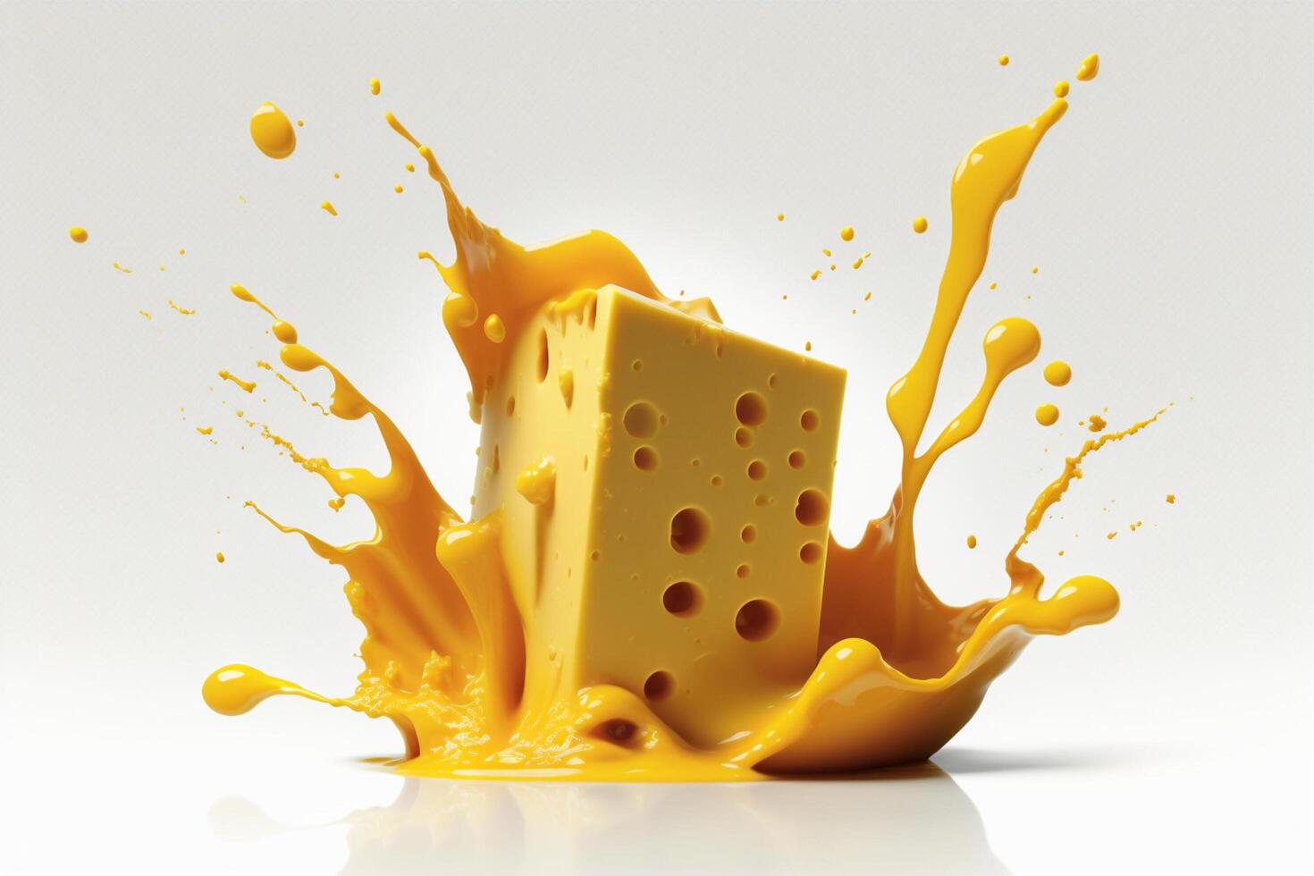 en utsökt smältande ost stänk i en realistisk stil. varm ost eller Cheddarost stänk. gott ost flytande stänk. ost sås krona stänk. för italiensk mat, värld ost dag, efterrätt förbi ai genererad foto
