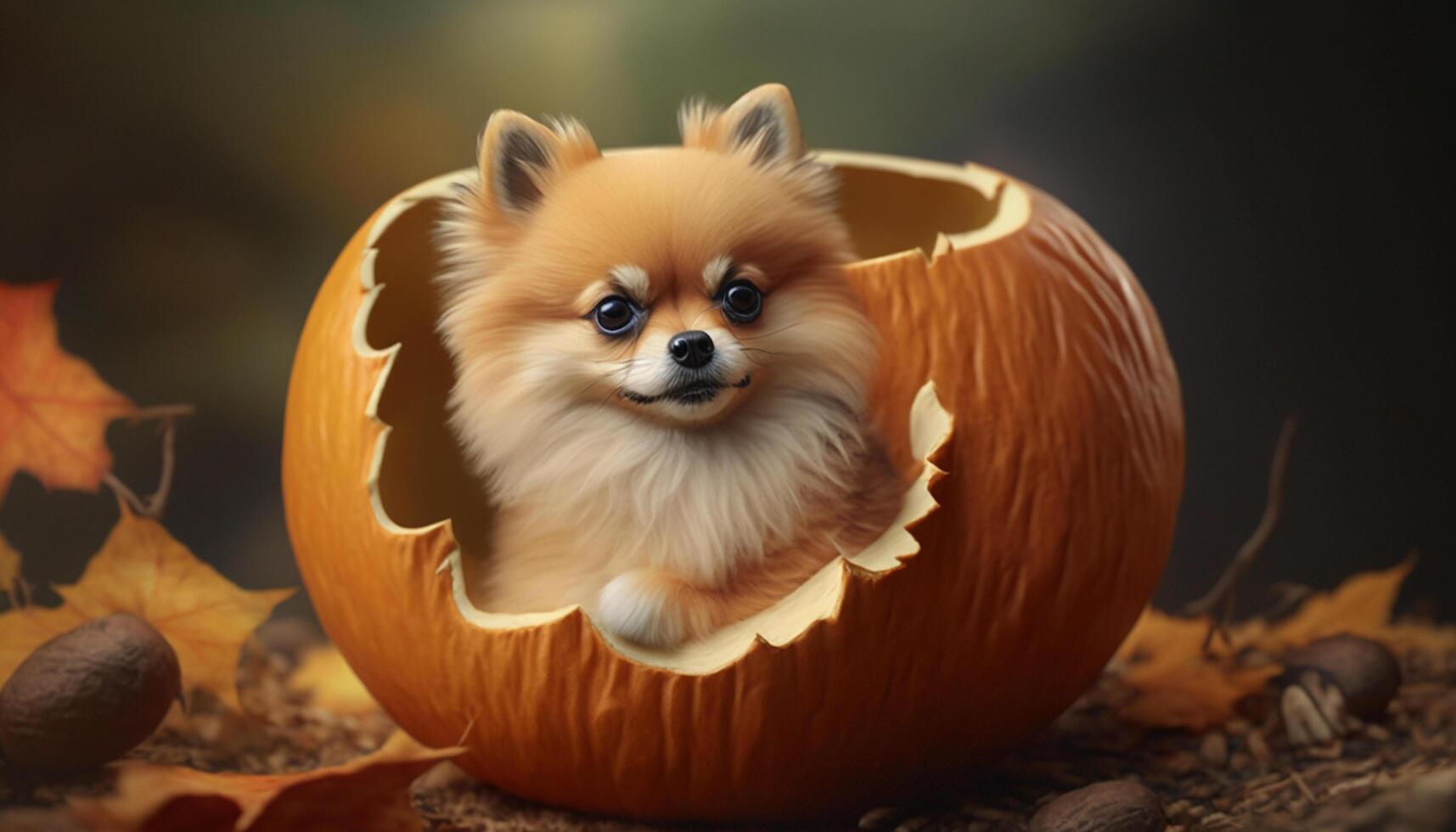 pomeranian valp uppflugen i en plockade, koppärrig pumpa ai genererad foto