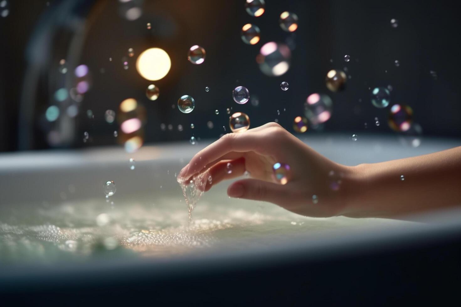 lycksalig blöta kvinna avkopplande i en bubbla bad med flytande tvål bubblor ai genererad foto
